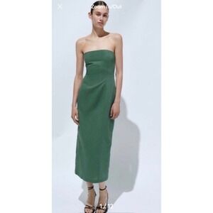 Zara Womens Green Linen Blend Strapless Midi Dress NWT XL
